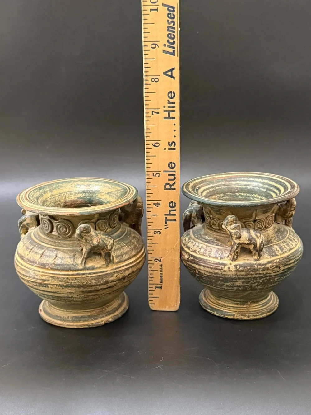 Pair of Vintage Asian Pottery Elephant Details 4.25” Vase
